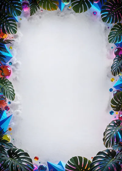 Abstract Monstera Leaf Frame With Floating Geometric Spheres