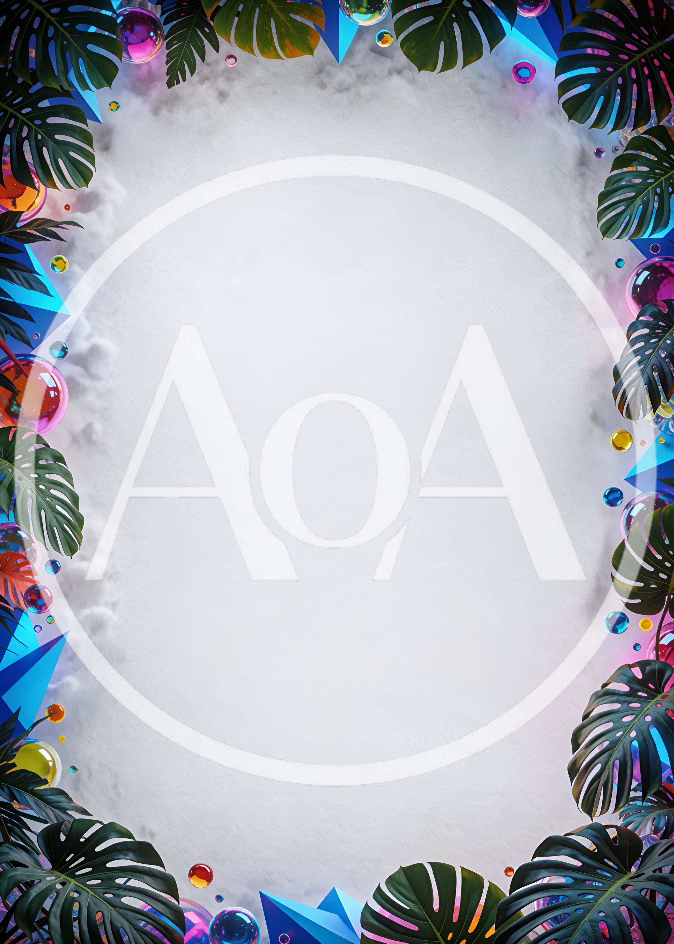 Abstract Monstera Leaf Frame With Floating Geometric Spheres