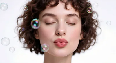 Young Woman With Curly Hair Blowing Bubbles