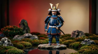 Miniature Samurai Warrior Figurine In Zen Garden