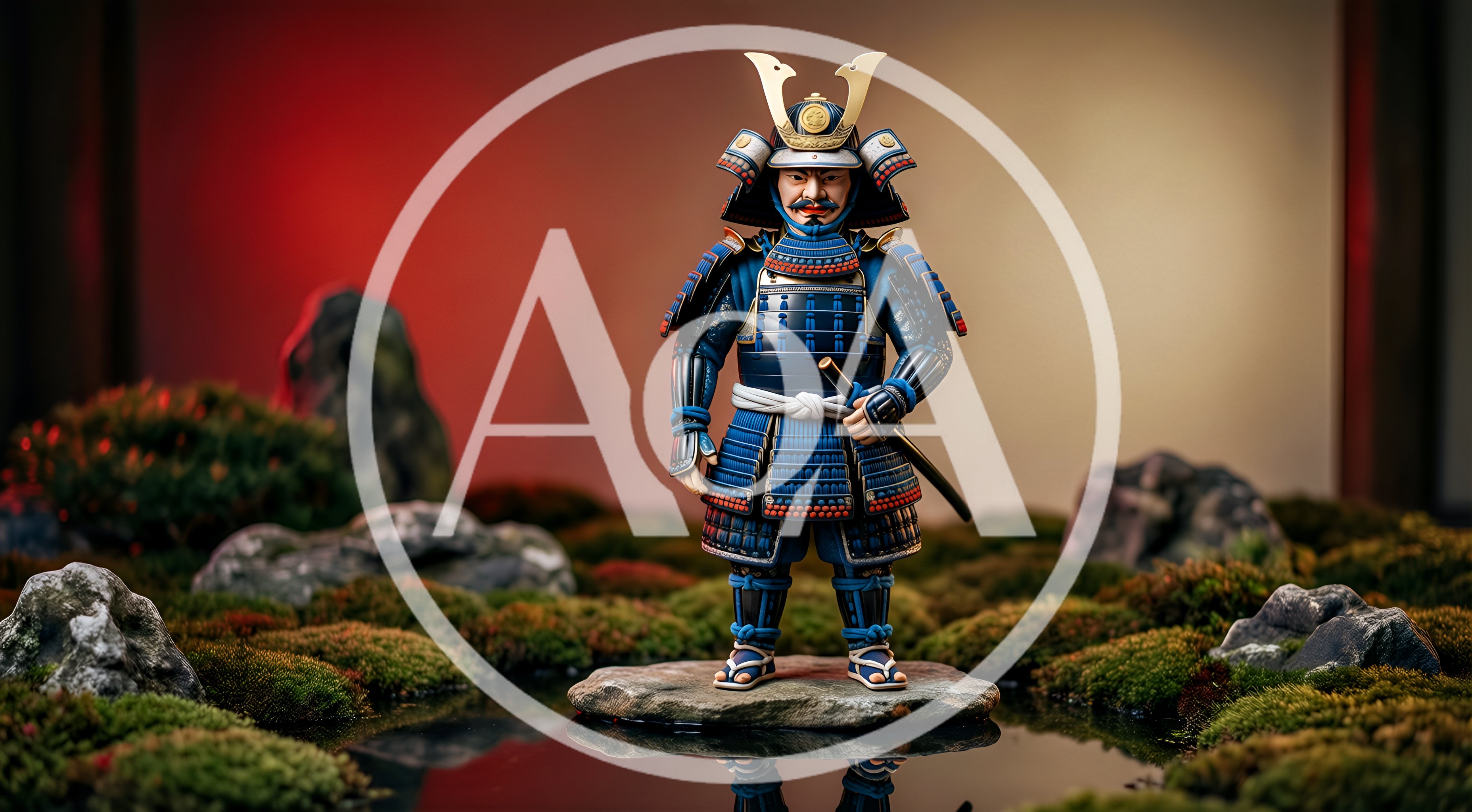 Miniature Samurai Warrior Figurine In Zen Garden
