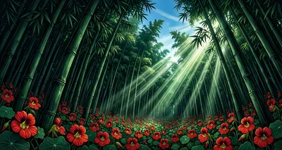Sunlight Beams Through A Lush Bamboo Forest
