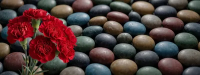 Red Carnations Resting On A Bed Of Colorful Stones