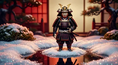 Samurai Warrior Standing In A Snowy Japanese Garden