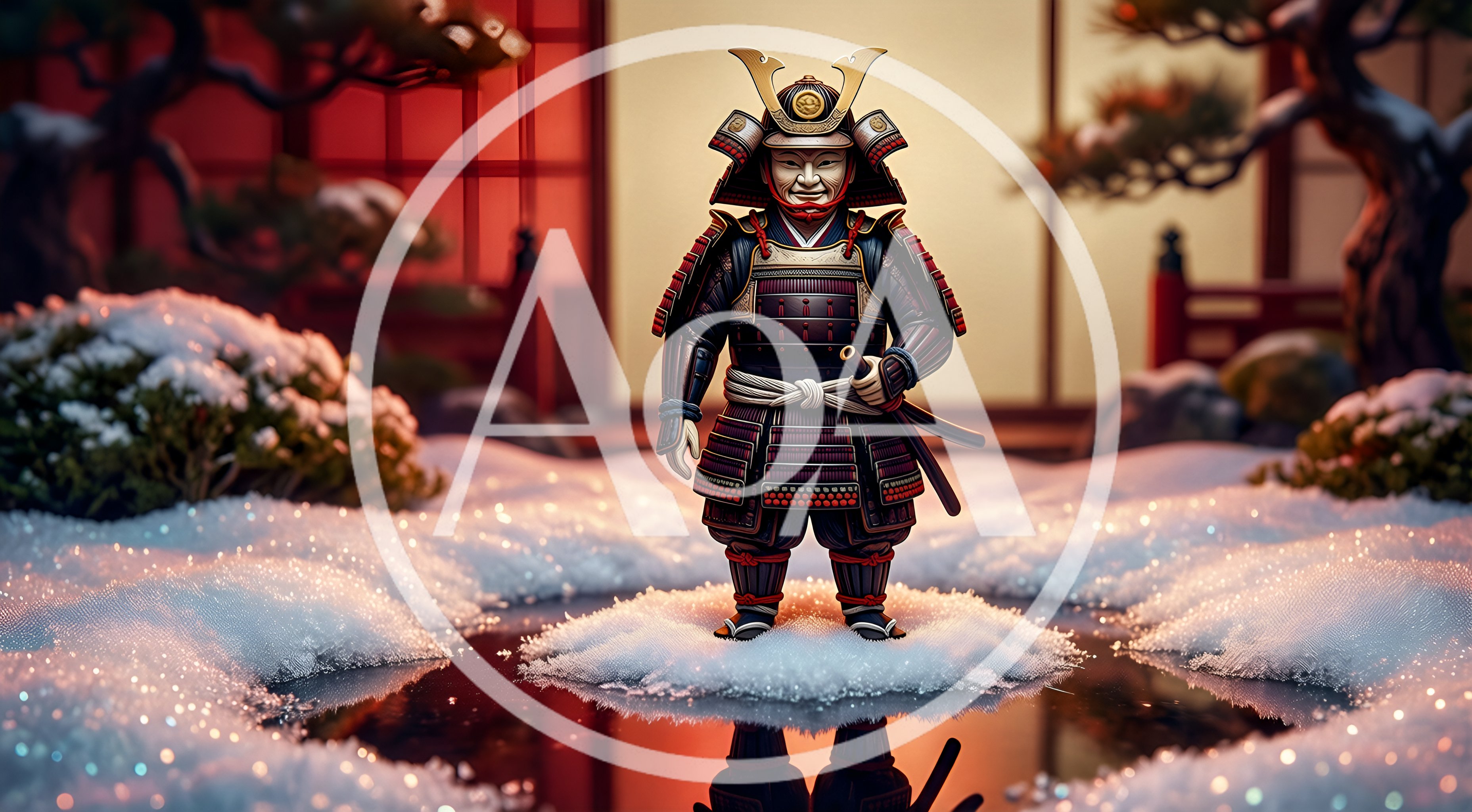 Samurai Warrior Standing In A Snowy Japanese Garden