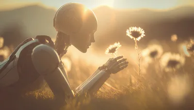 Humanoid Robot Examining Wildflowers In A Golden Meadow