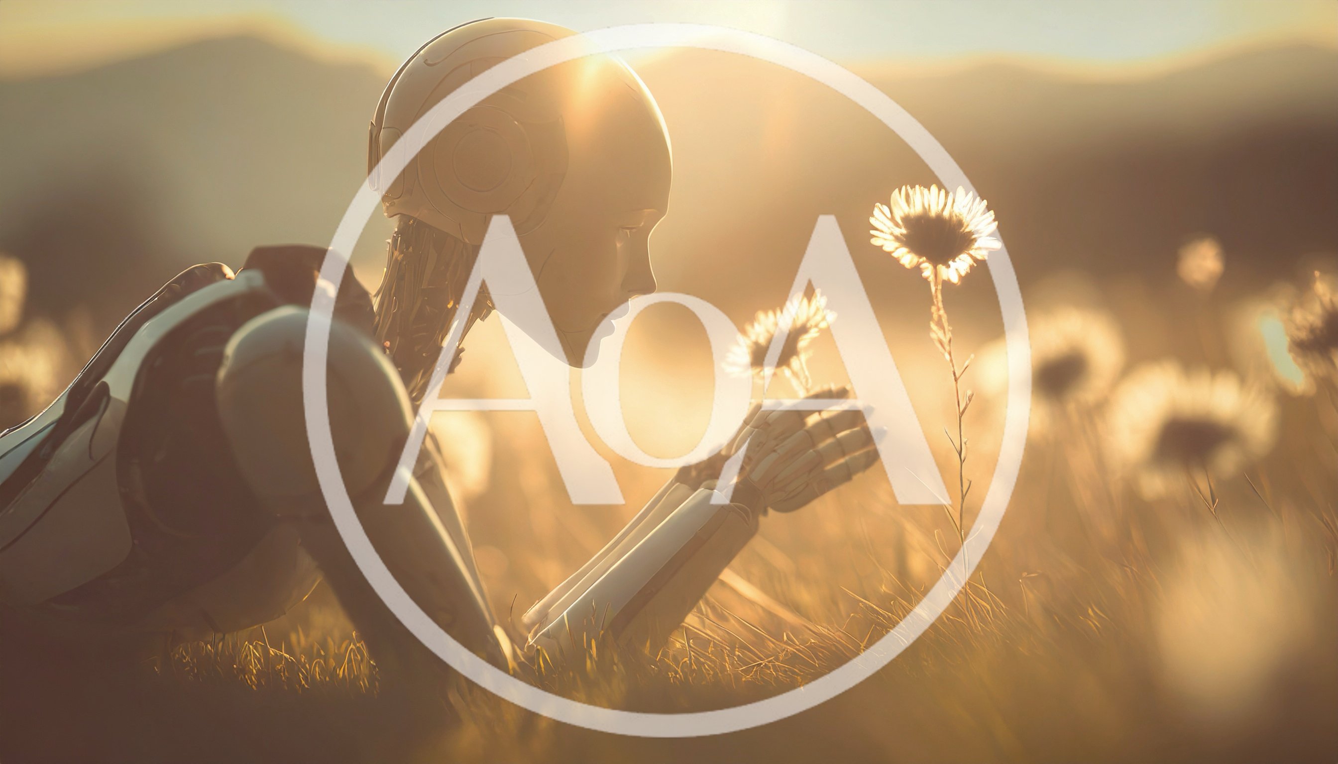 Humanoid Robot Examining Wildflowers In A Golden Meadow