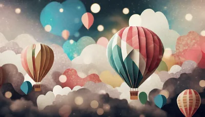Whimsical Hot Air Balloons Floating Above Heart Shaped Clouds