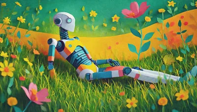 Robot Resting In A Vibrant Flower Meadow