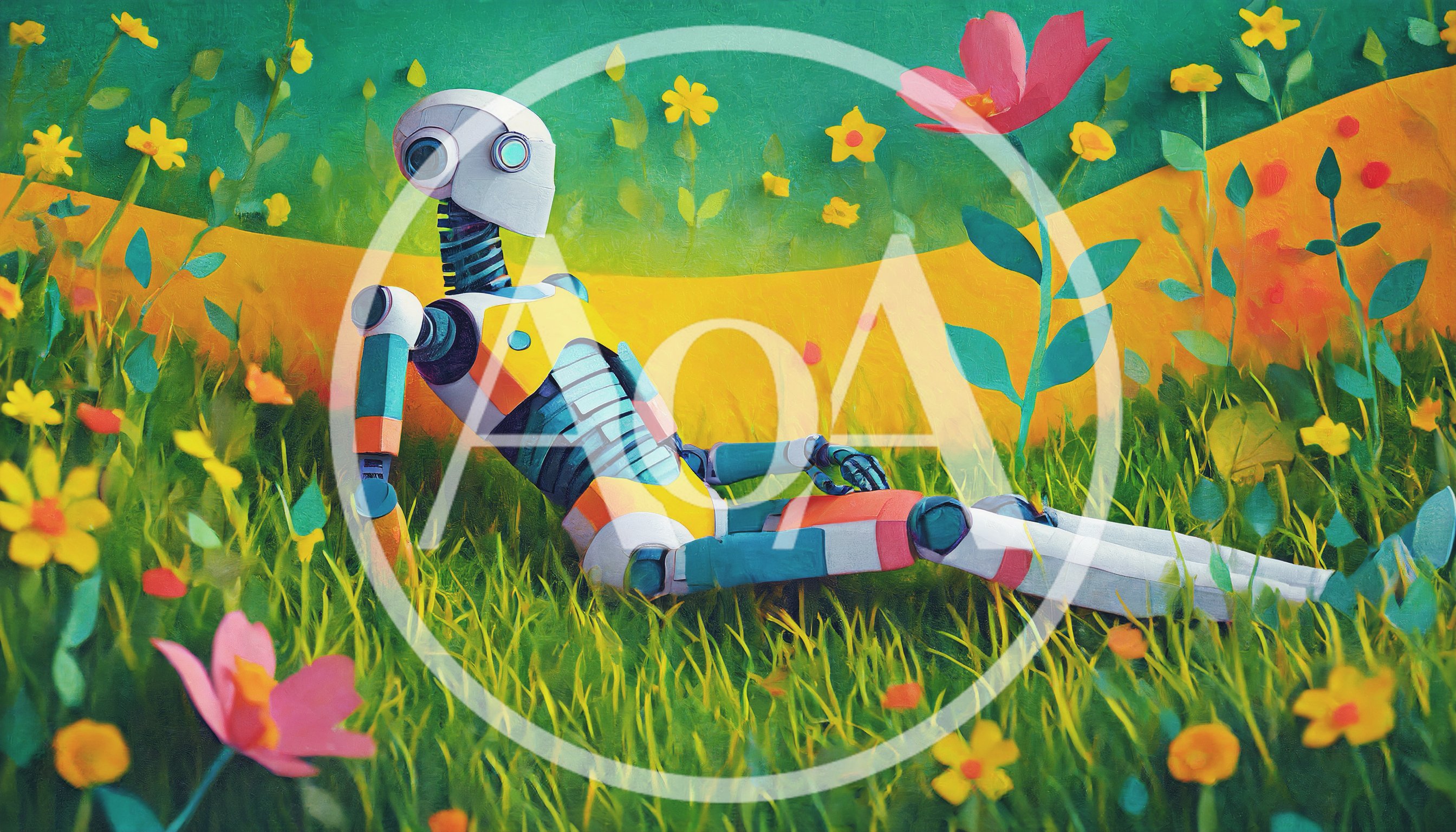 Robot Resting In A Vibrant Flower Meadow