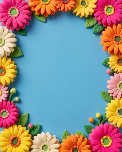 Colorful Clay Flower Frame on Blue Background