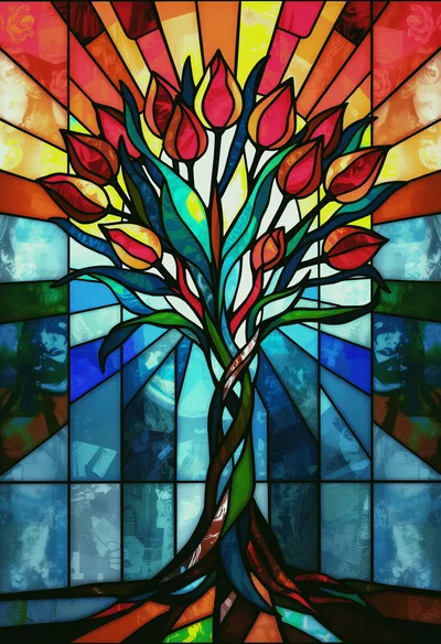Stained Glass Tree With Vibrant Tulip Flowers