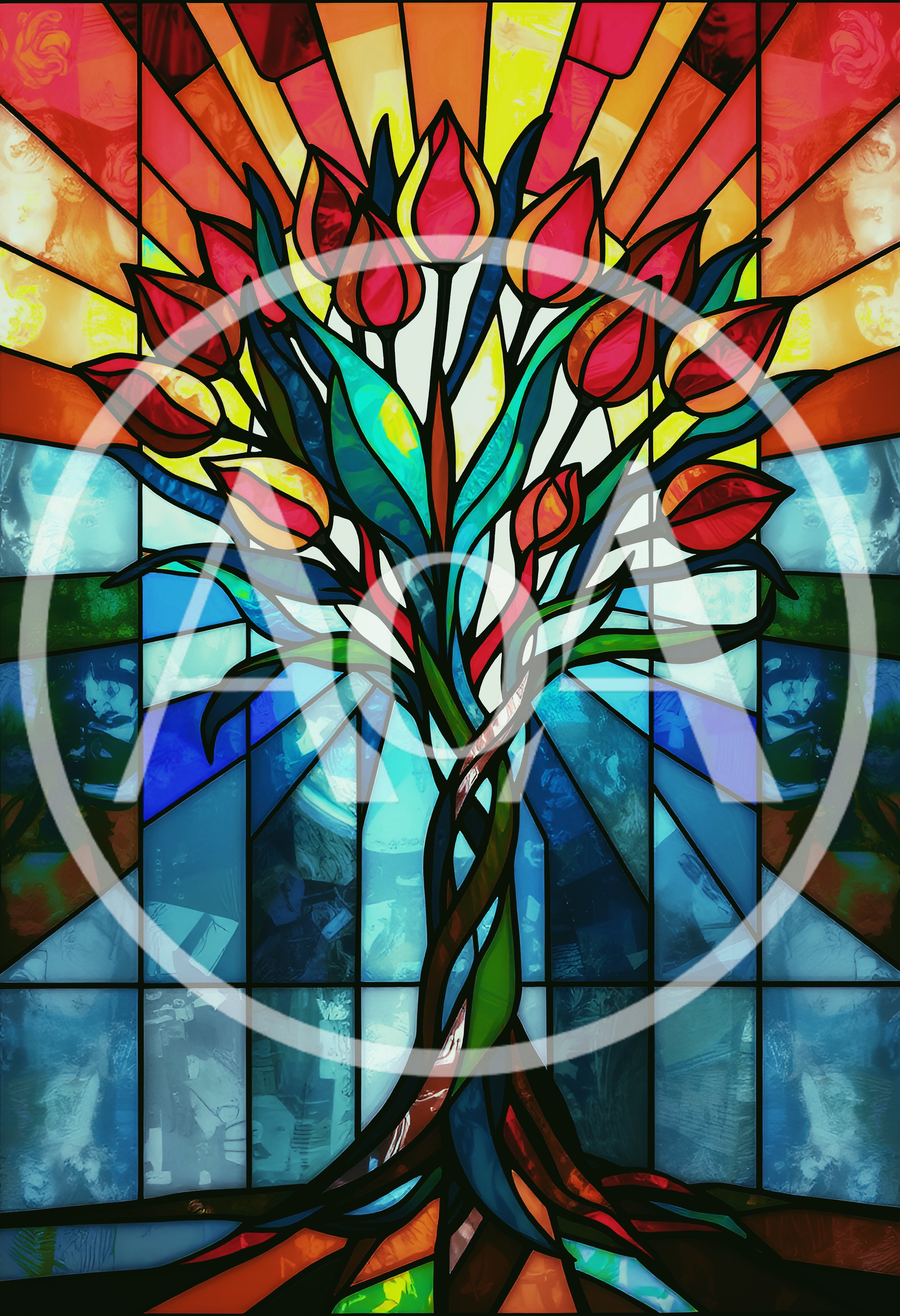 Stained Glass Tree With Vibrant Tulip Flowers