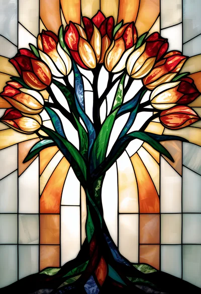 Stained Glass Window Featuring A Vibrant Tulip Tree