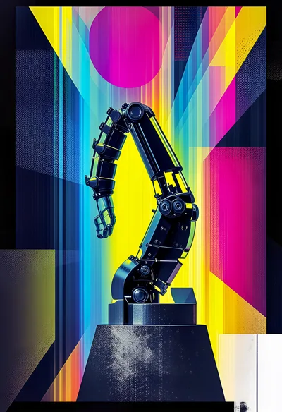 Abstract Robotic Arm Against Vibrant Geometric Background