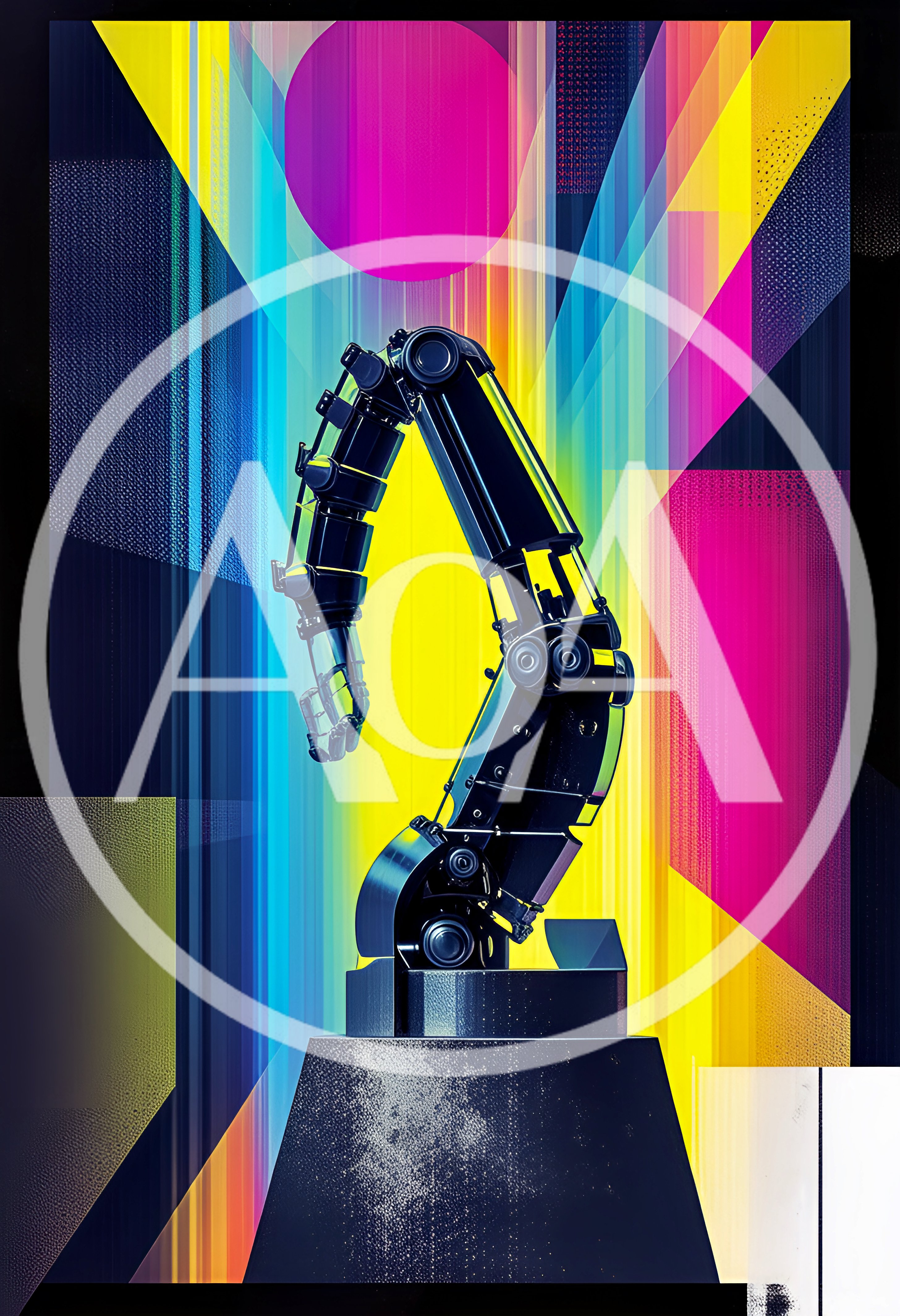 Abstract Robotic Arm Against Vibrant Geometric Background
