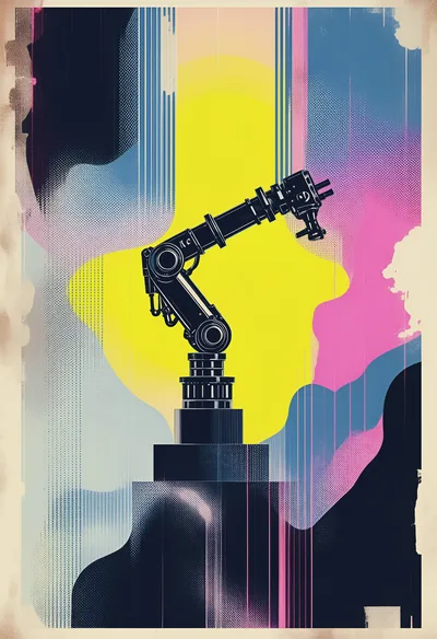 Industrial Robotic Arm Against Abstract Colorful Background