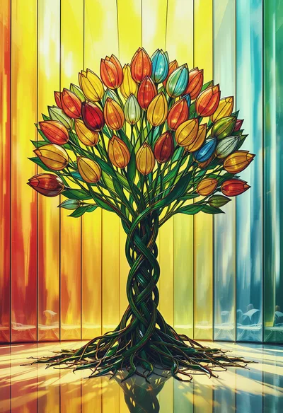 Stained Glass Tree With Colorful Tulip Blossoms