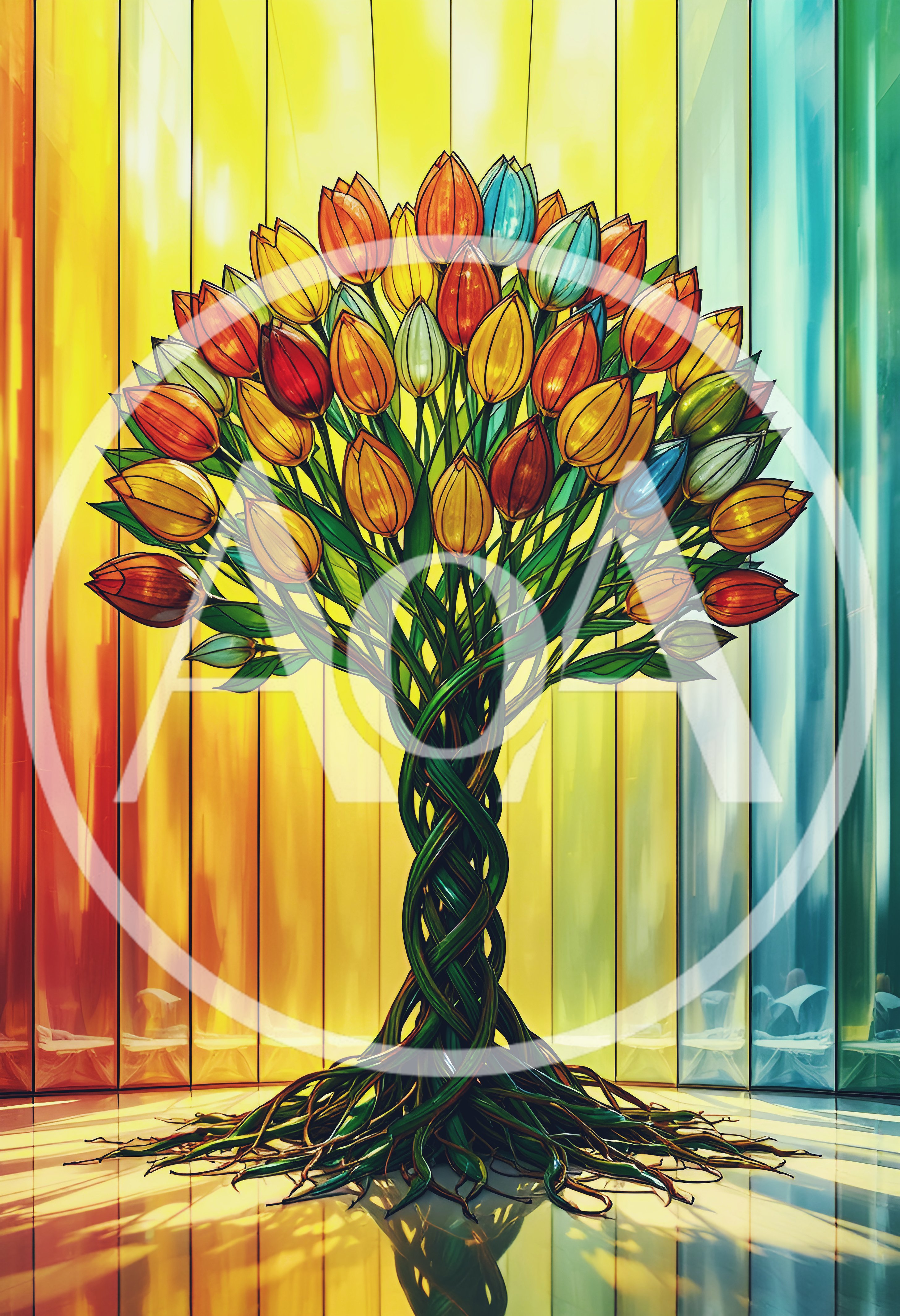 Stained Glass Tree With Colorful Tulip Blossoms