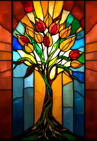 Stained Glass Window Featuring A Vibrant Tulip Tree