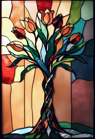 Stained Glass Tree With Colorful Tulip Flowers