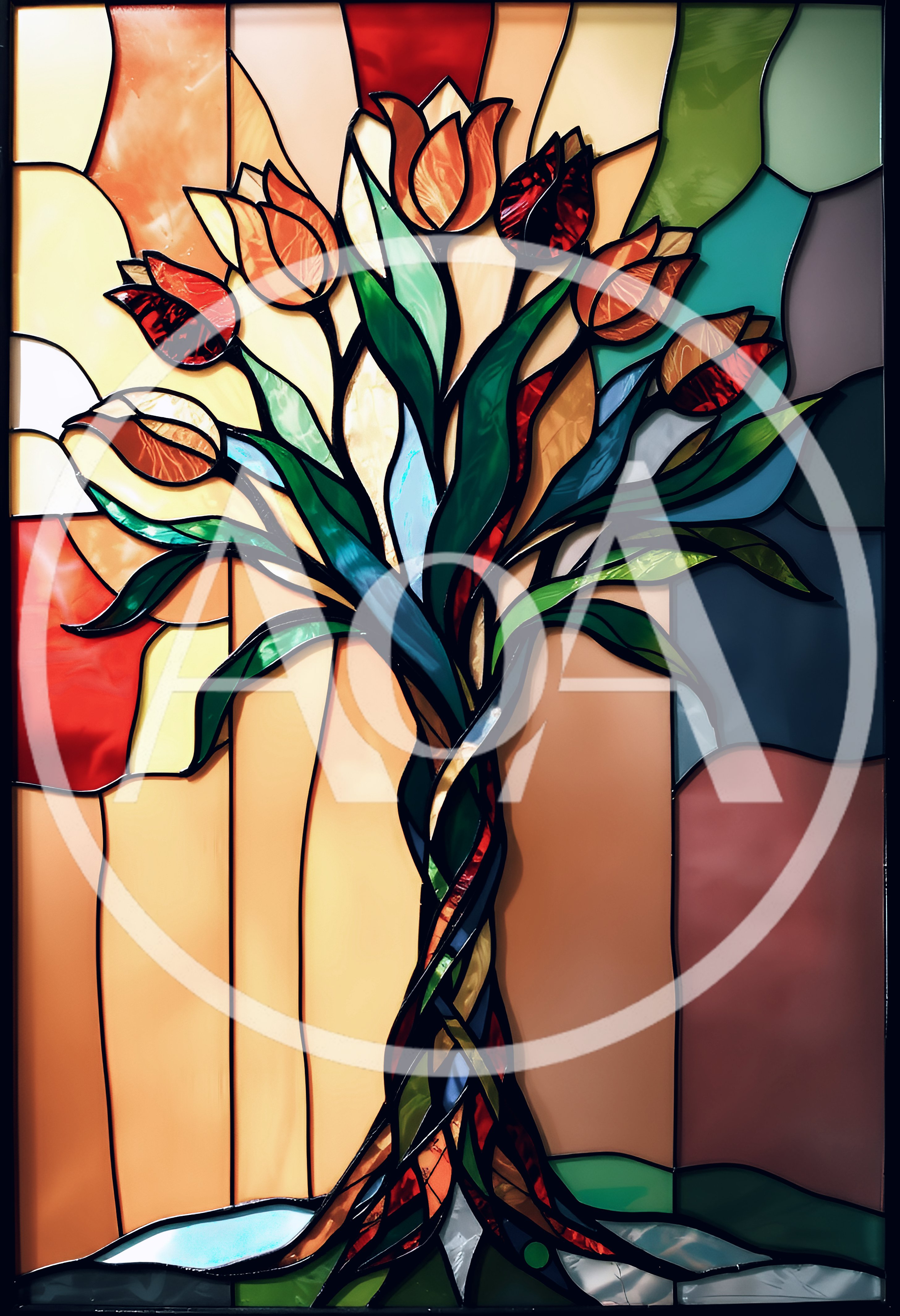 Stained Glass Tree With Colorful Tulip Flowers