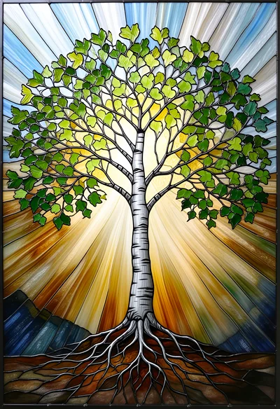 Stained Glass Birch Tree With Radiant Sunburst Background
