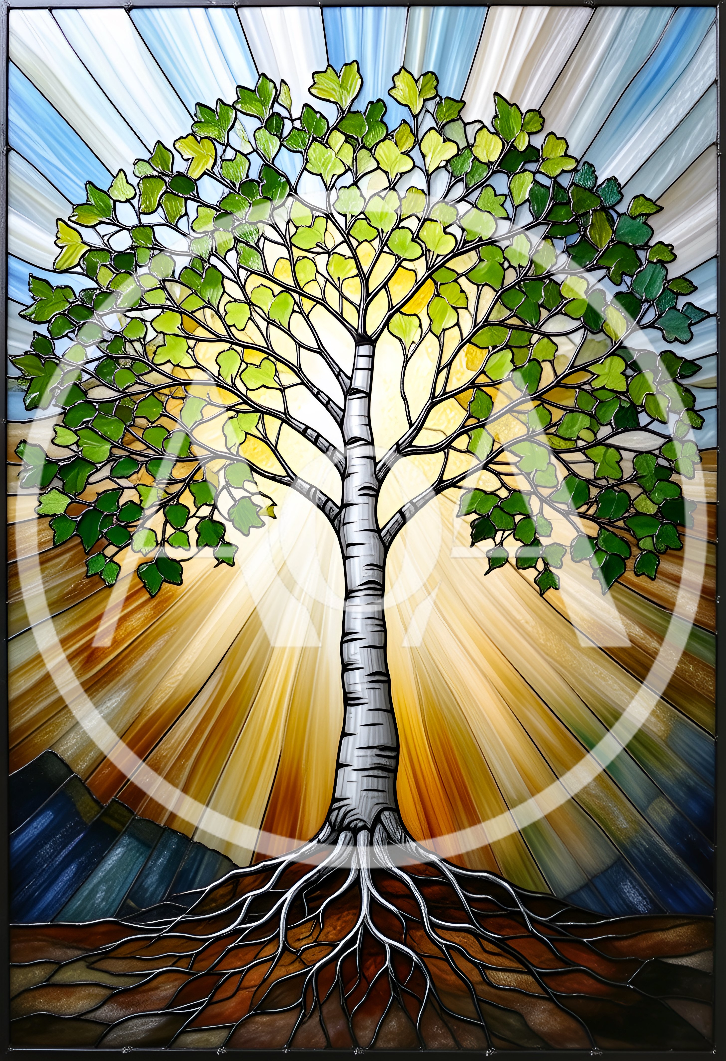 Stained Glass Birch Tree With Radiant Sunburst Background