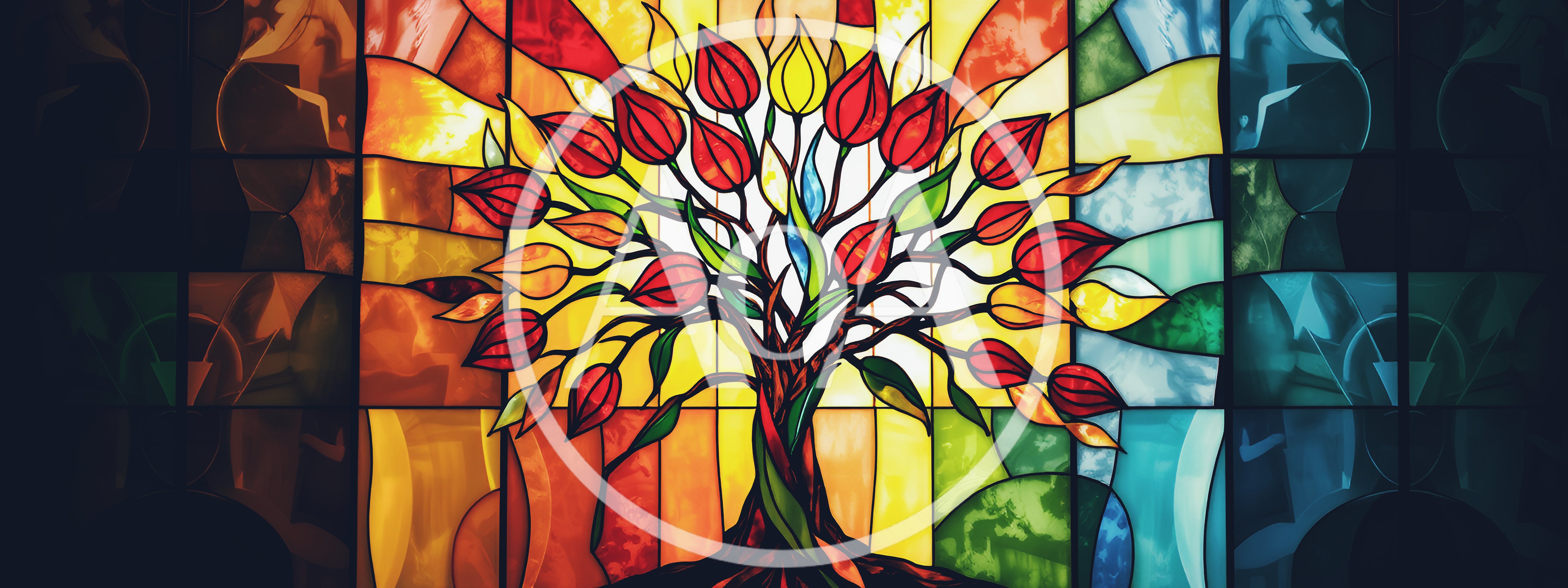 Stained Glass Tree With Vibrant Tulip Flowers