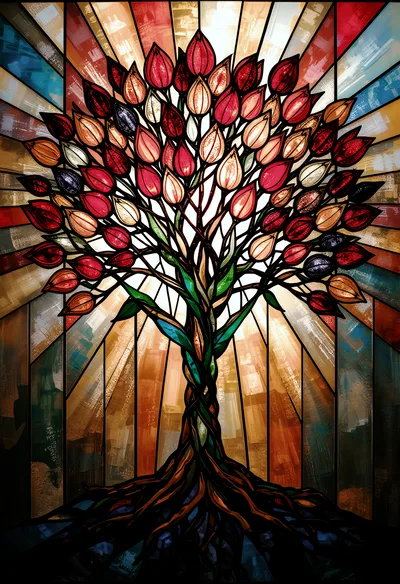 Stained Glass Tree With Vibrant Tulip Blossoms