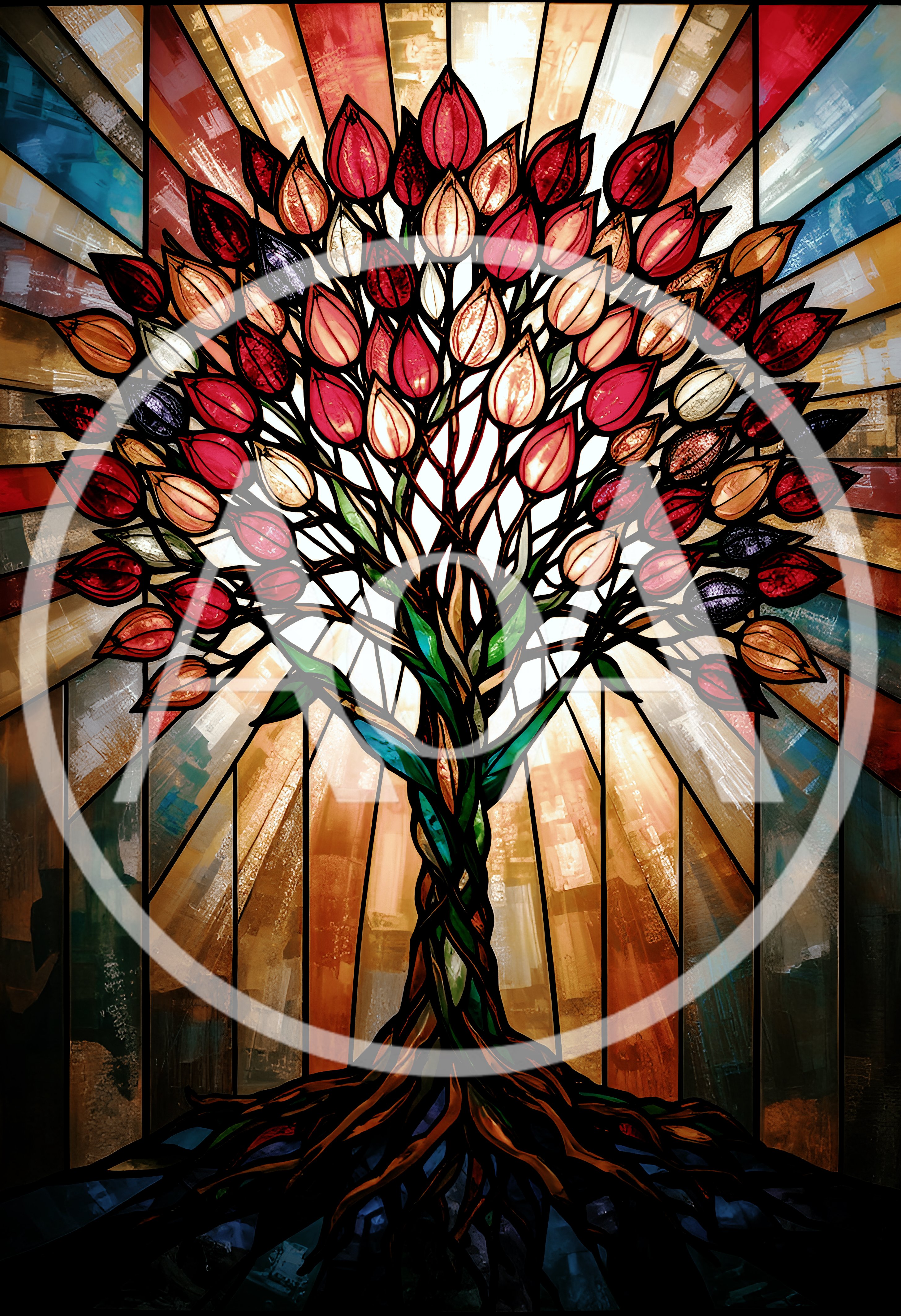 Stained Glass Tree With Vibrant Tulip Blossoms
