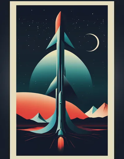 Retro Futuristic Rocket Launching From Alien Planet Surface