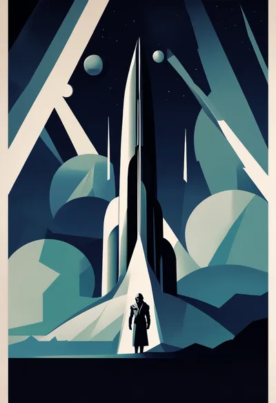 Art Deco Style Astronaut Standing Before A Rocket