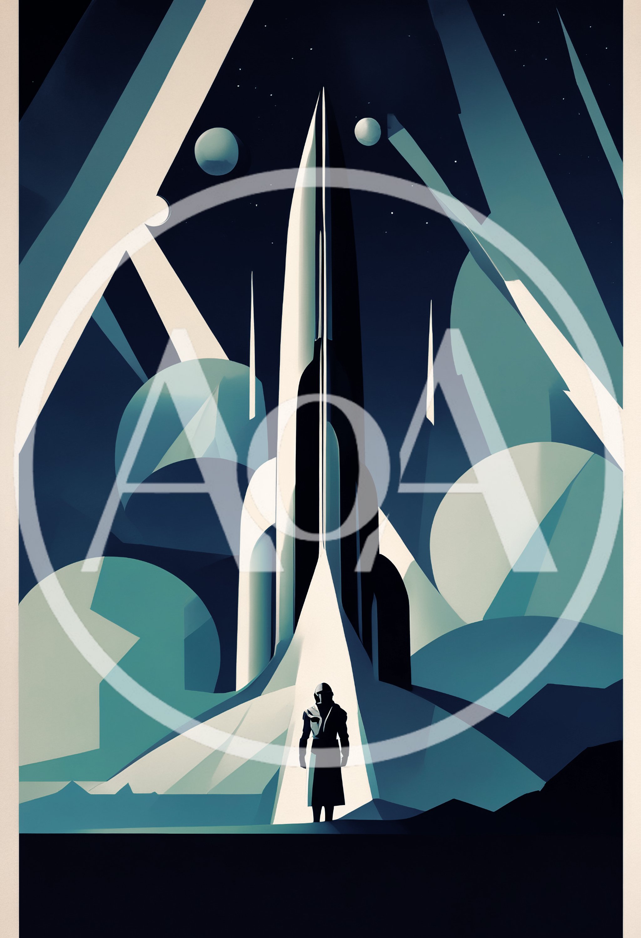 Art Deco Style Astronaut Standing Before A Rocket