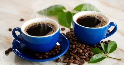 Two Blue Cups Of Steaming Hot Coffee