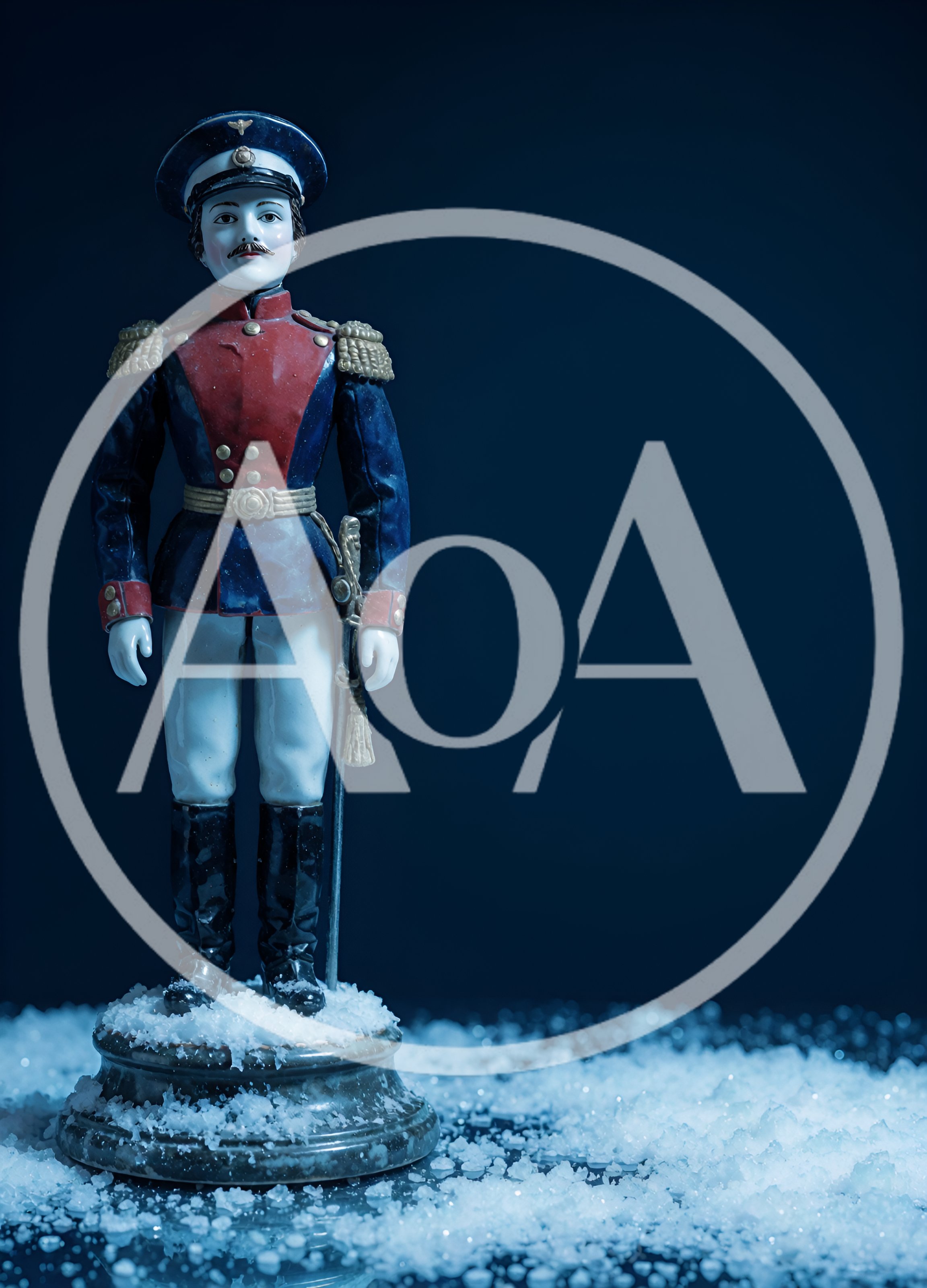 Vintage Porcelain Soldier Figurine Standing In Artificial Snow