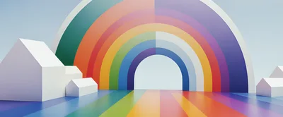 Minimalist 3D Rendered Houses With Rainbow Arch Background