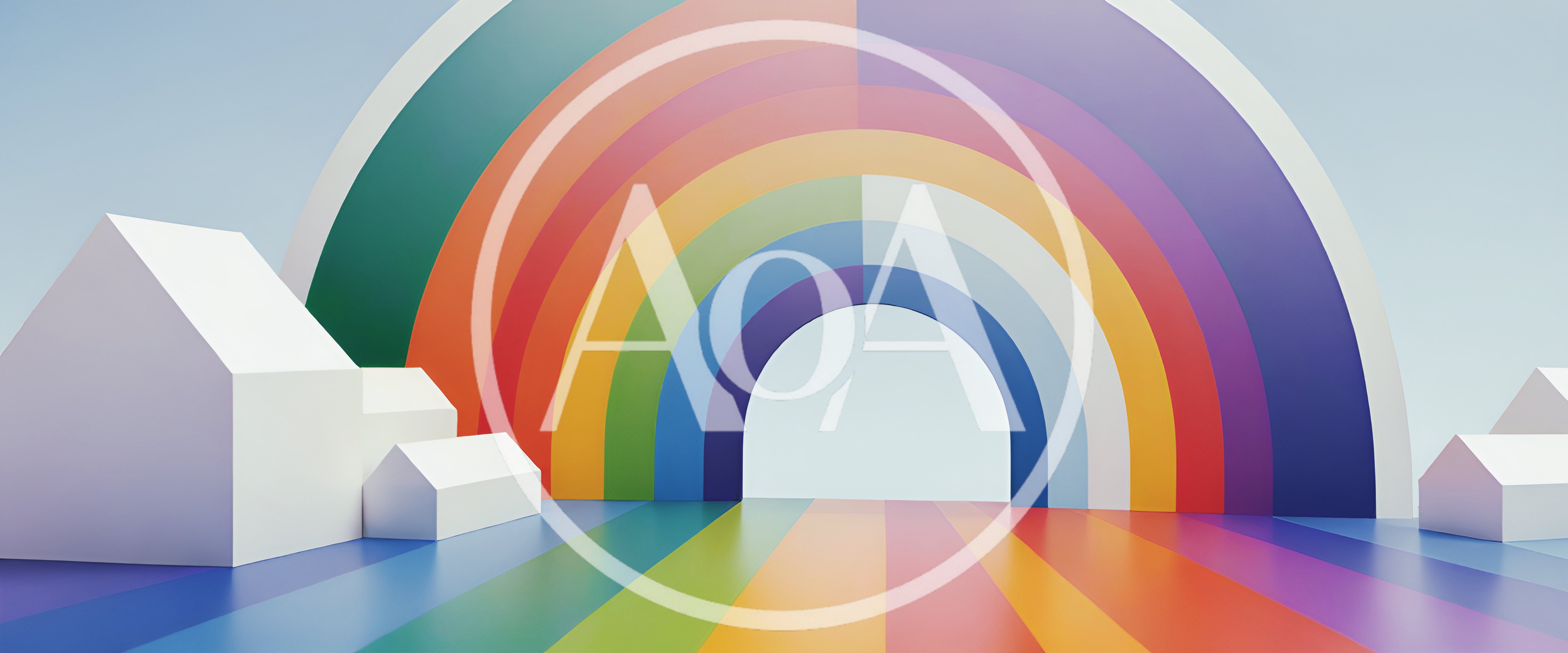Minimalist 3D Rendered Houses With Rainbow Arch Background