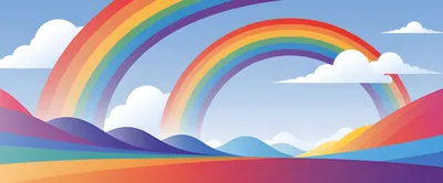 Abstract Rainbow Landscape With Rolling Hills And Clouds