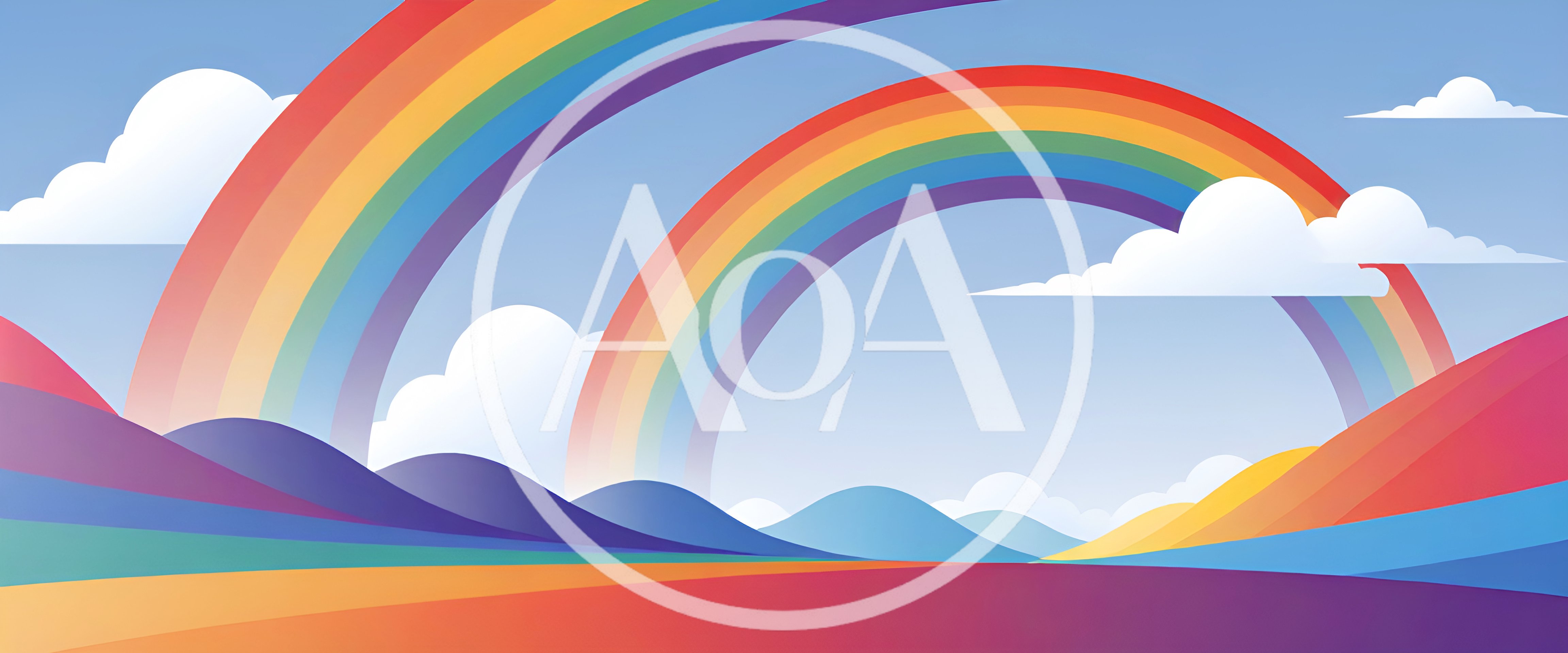 Abstract Rainbow Landscape With Rolling Hills And Clouds