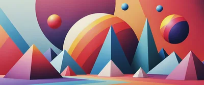 Abstract Geometric Landscape With Pyramids And Floating Spheres