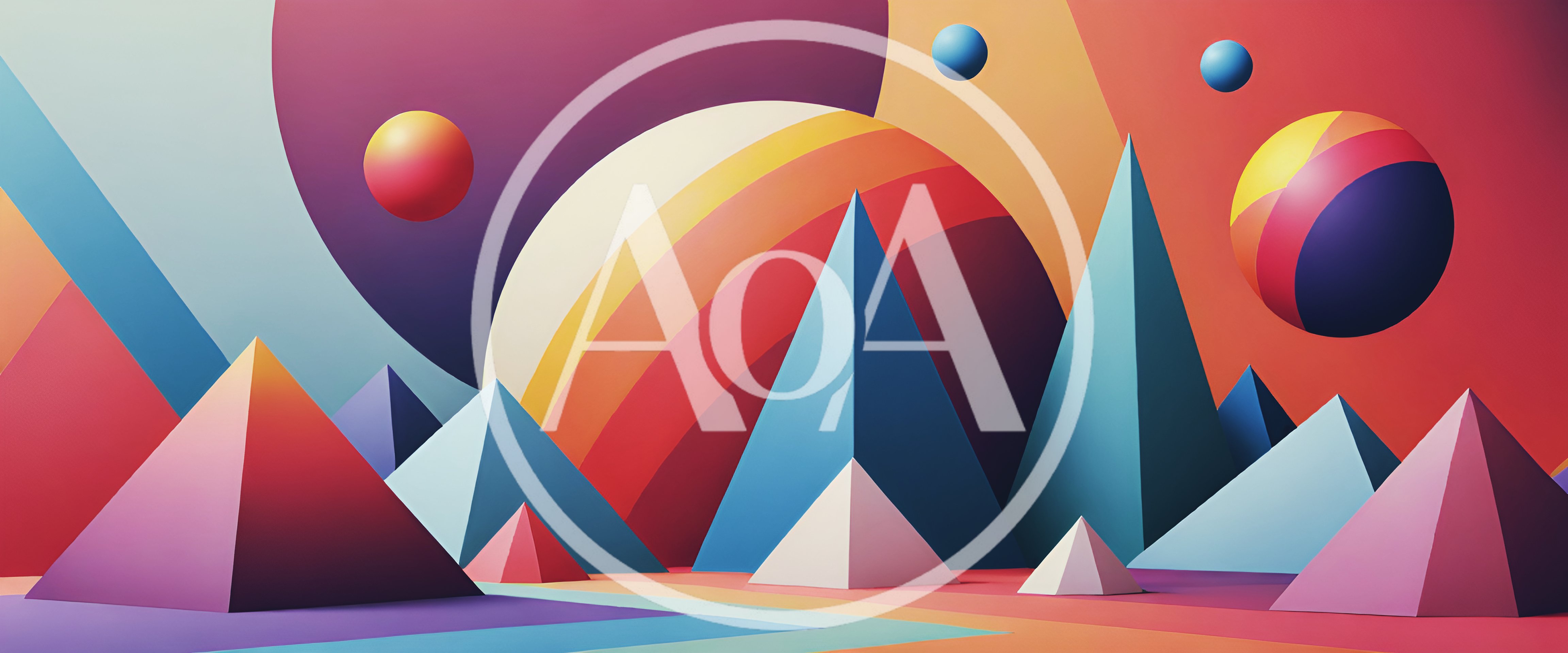 Abstract Geometric Landscape With Pyramids And Floating Spheres