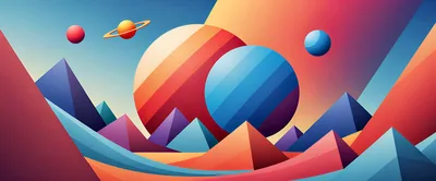 Abstract Geometric Landscape With Planets And Mountains