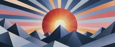 Geometric Mountain Landscape With Radiant Sunburst Background