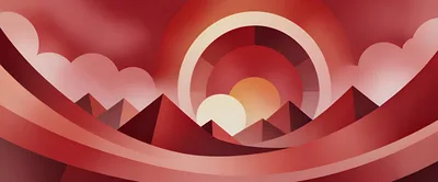 Abstract Geometric Landscape With Red Mountains And Sun