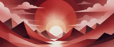 Minimalist Red Landscape With Sun And Mountains