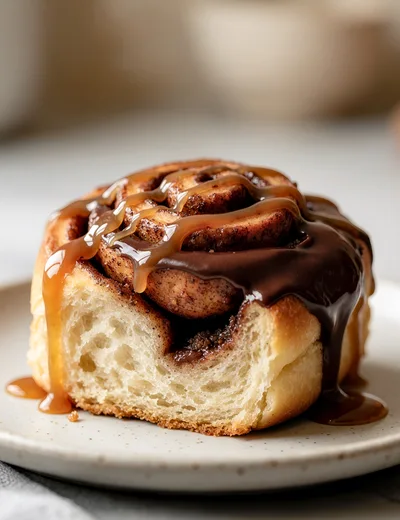 Gourmet Cinnamon Roll With Chocolate And Caramel Drizzle