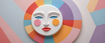 Abstract Sun Face Sculpture With Colorful Geometric Background