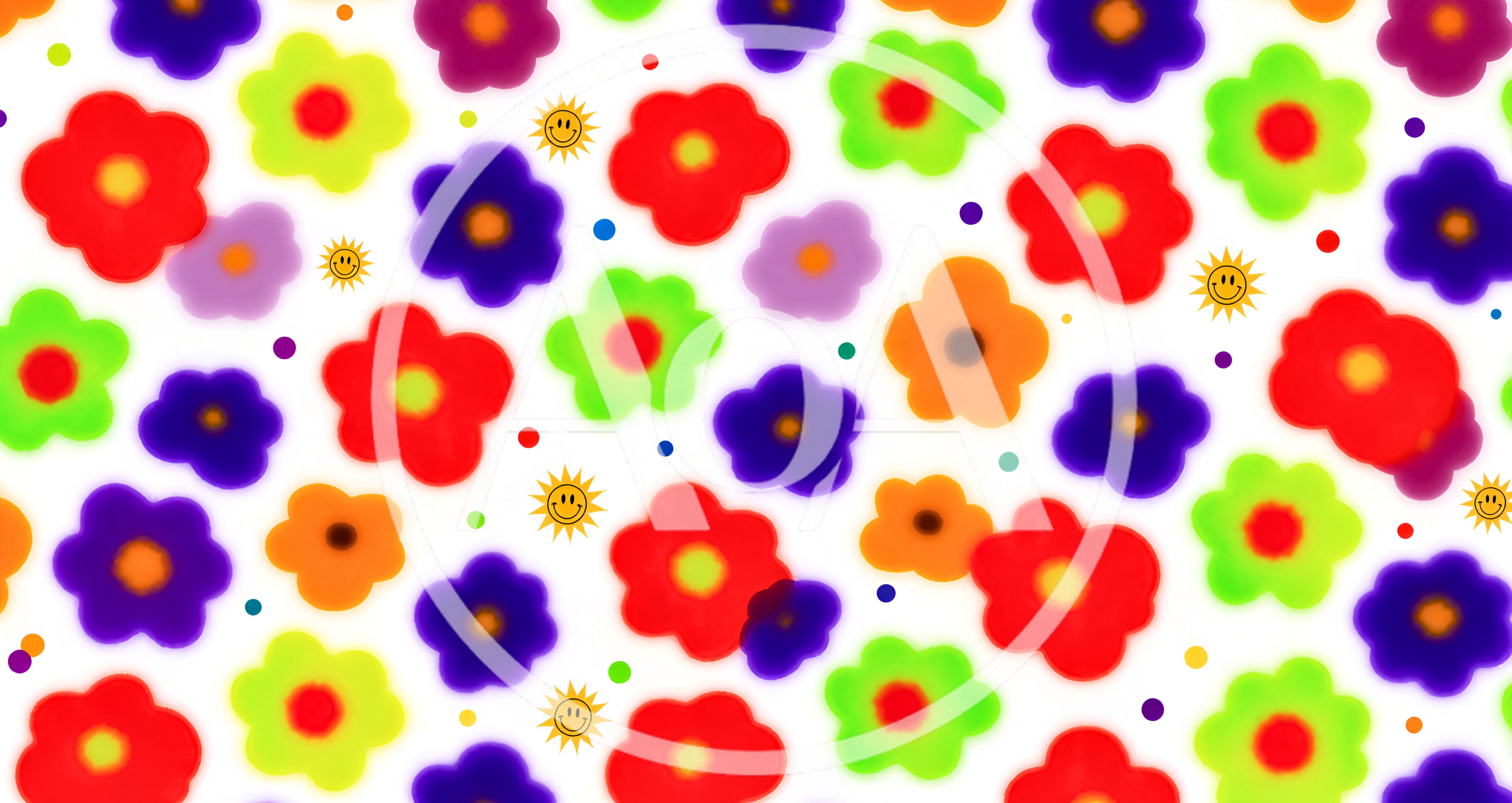 Colorful Retro Flower Pattern With Smiley Sun Icons