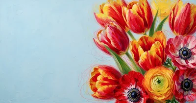 Oil Painting Of Vibrant Spring Tulips And Anemones